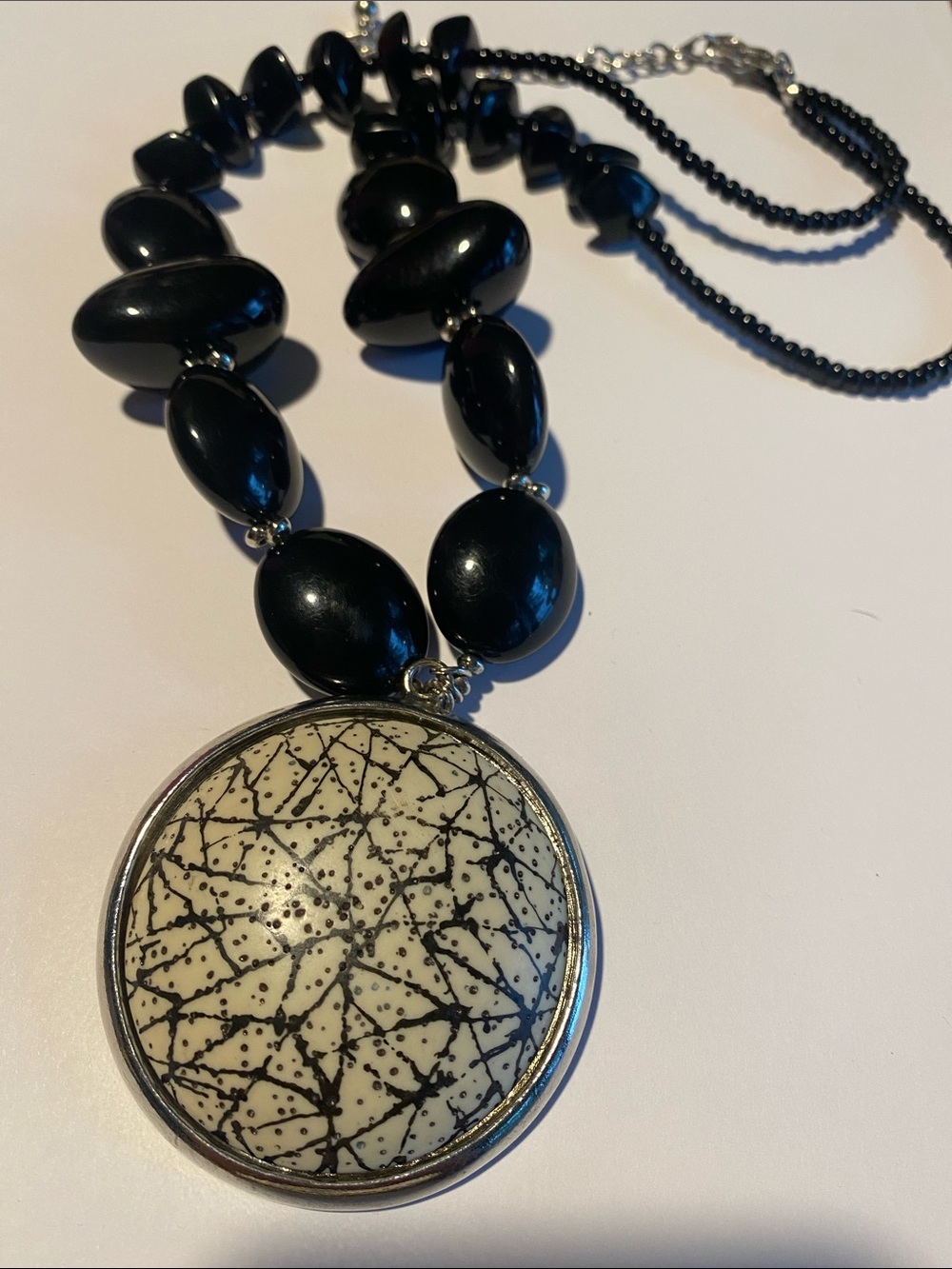 Chico's Black Beaded Necklace with Ivory Crackle Round Pendant